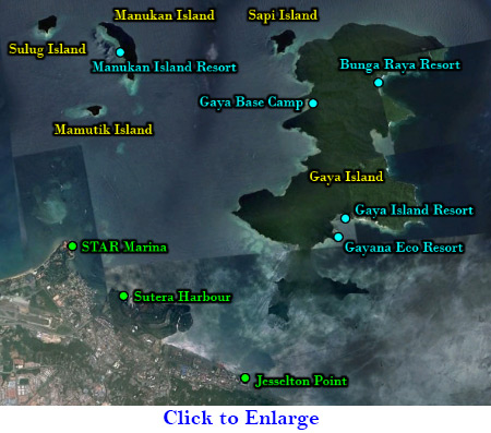 map of ferry terminals and islands of Kota Kinabalu