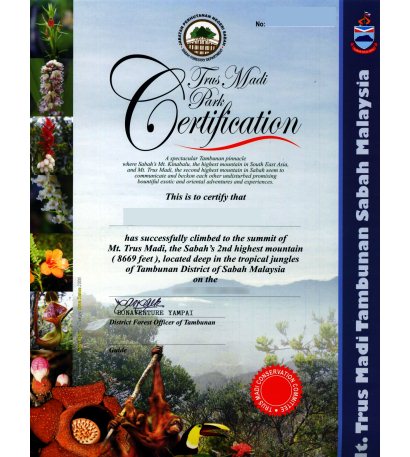 Certificate of climbing Mt. Trus Madi