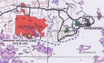 map from Sepilok mangrove to Sandakan