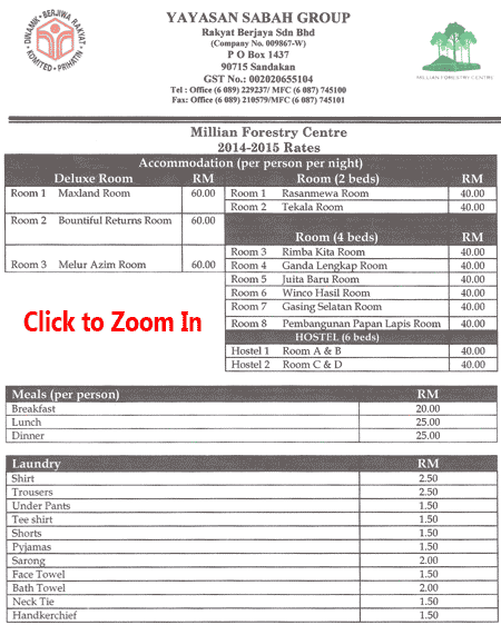 price list of room and meal services of Millian Forestry Centre