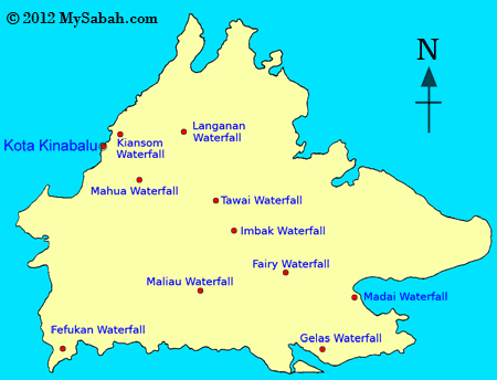 location map of top 10 Sabah waterfalls