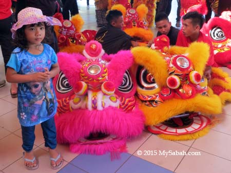 girl taking photo with lion heads