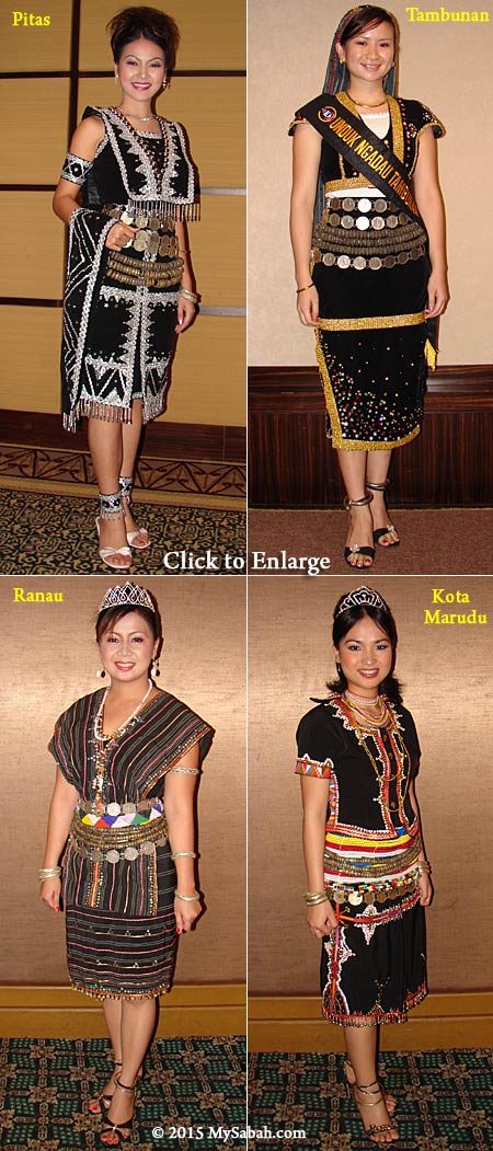Tangkong worn in different Sabah ethnic costumes