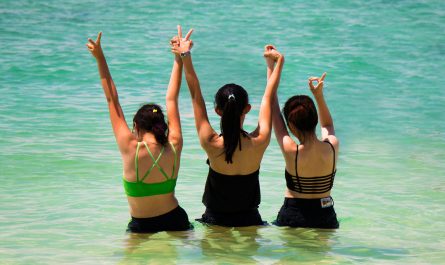 Three girls taking photo in the sea