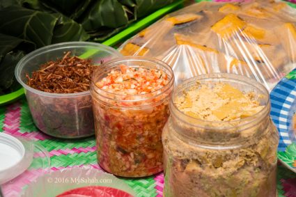 Traditional appetizer (from left): Serunding Tuhau, Tuhau and Bambangan