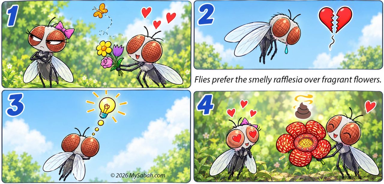 Comic strip: A fly tries to impress his crush with sweet-smelling flowers, but gets rejected. He gets a smart idea and brings her a smelly Rafflesia instead, and win her heart!