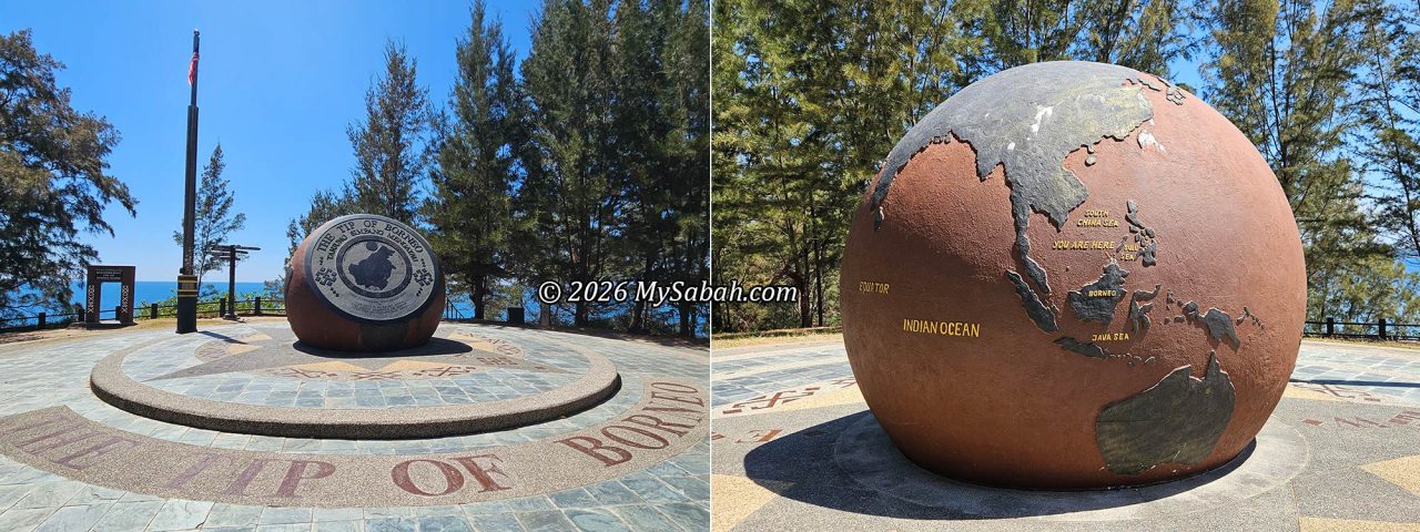 The bronze globe monument at the Tip of Borneo, featuring a map of the location.