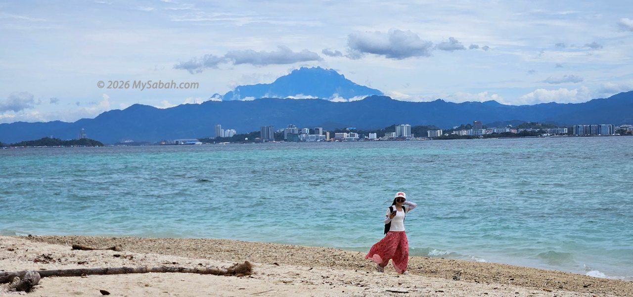 View of Mount Kinabalu and Kota Kinabalu city from Manukan Island.