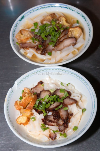 Kueh Teow with deep-fried pork (dry and noodle soup)