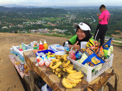 Drink, snack, chips and fruit for sale on the hill