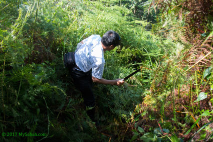 Azlan clearing the bush that blocks the trail