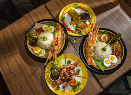 Lobster Nasi Lemak and side dishes: tiger prawns and giant squid