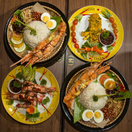 Lobster Nasi Lemak and side dishes: tiger prawns and giant squid
