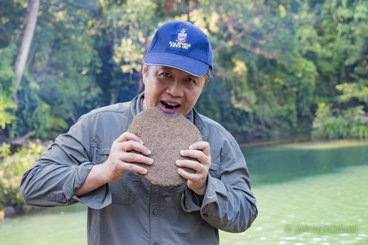 pretending to eat the rock