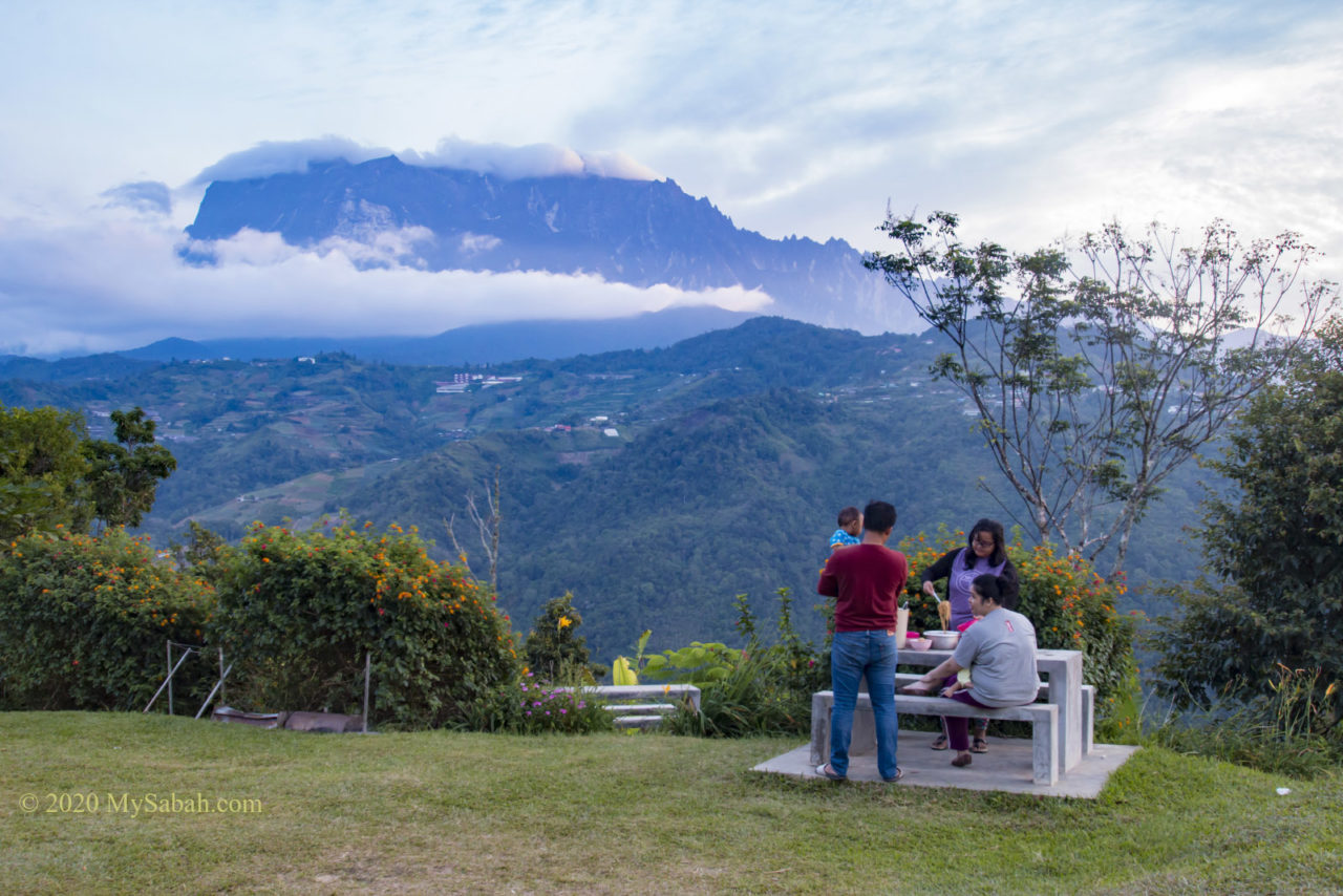 Family breakfast with Mount Kinabalu view