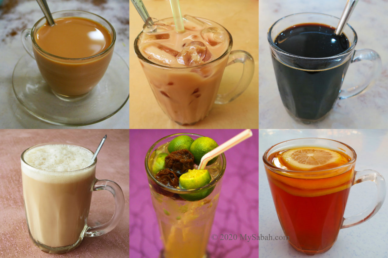 Common drink you can order in Sabah Coffee Shop. From left to right: Teh-C, Teh-C Ping, Kopi-O, Teh Tarik, Kit Chai Ping, Lemon Tea