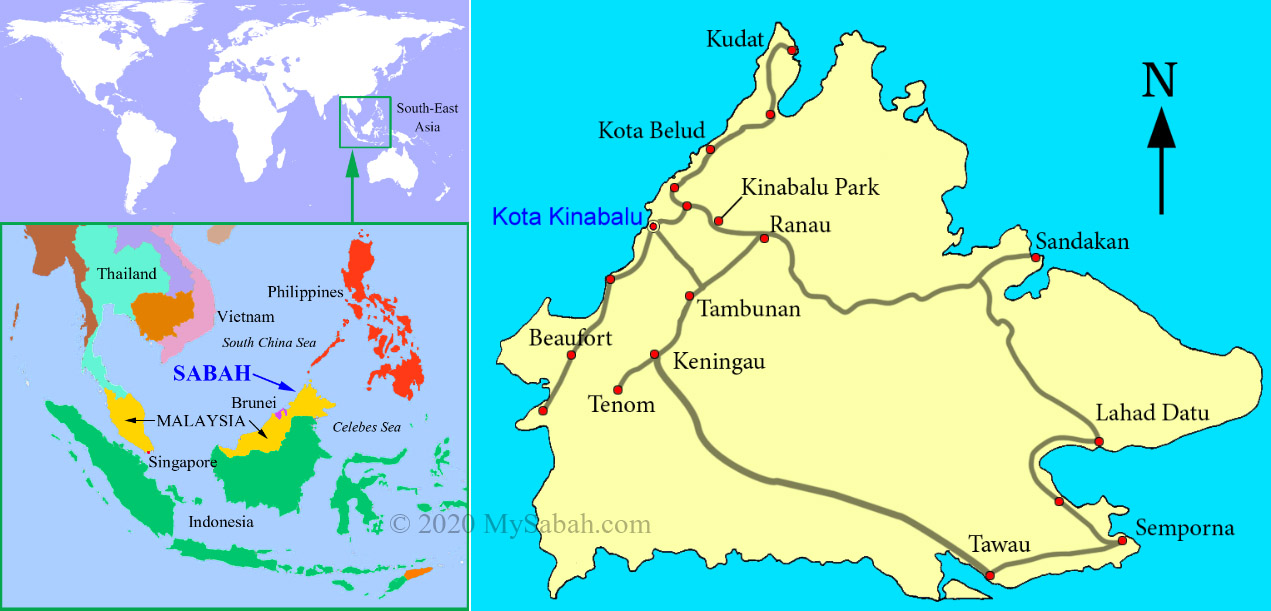 Location map of Sabah and its major roads