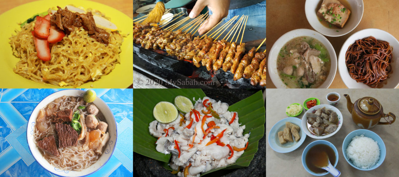 Signature food of Sabah / Malaysia. from left to right: Tuaran fried Noodle, Satay, Pork Noodle (Sang Yuk Mee), Ngiu Chap soup noodle, Hinava and Bak Kut Teh