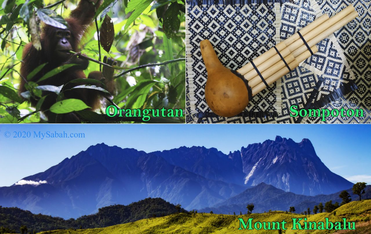 Sabah icons: Orangutan, Sompoton, and Mount Kinabalu