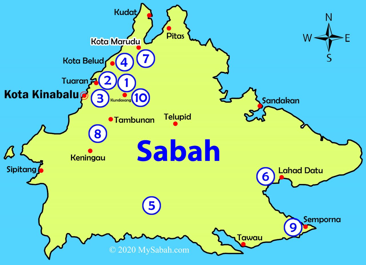 Location map of Mount Kinabalu, Bukit Perahu, Bukit Kokol, Bukit Bongol, Batu Punggul, Mount Silam, Mount Nombuyukong, Bukit Lugas, Bukit Tengkorak, and Maragang Hill