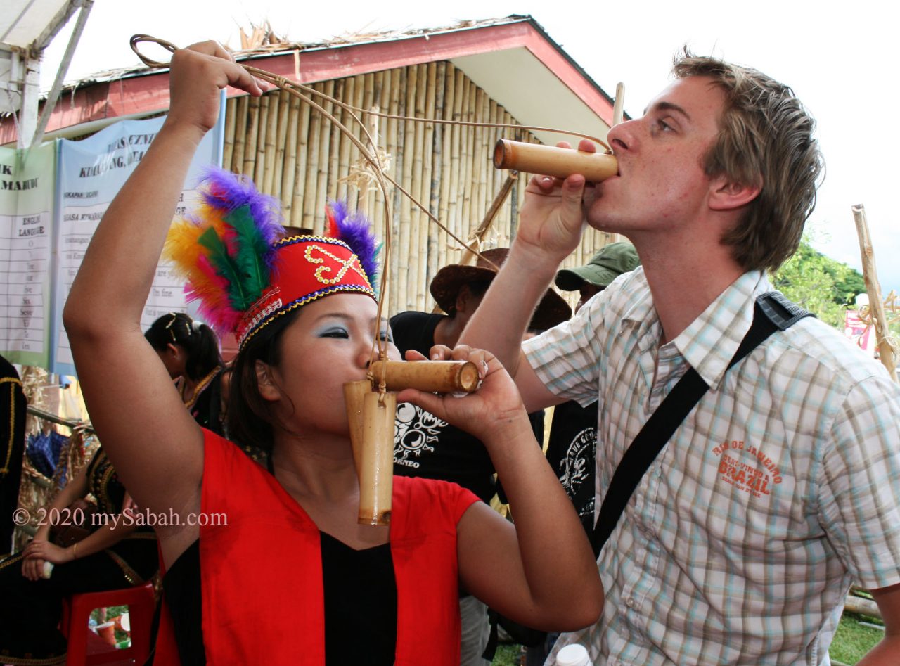 Tourist drinking tapai from small bamboo cup