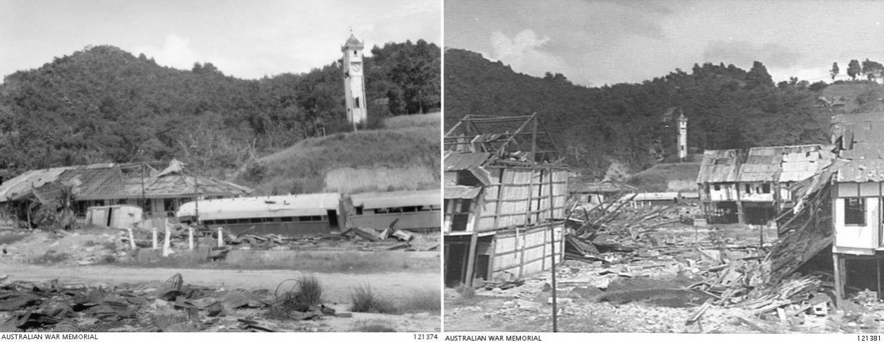 North Borneo Railway and Jesselton town after bombing in World War II. Atkinson Clock Tower is in the background.