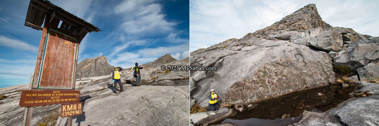 Left: Signage at 8th KM. Right: Wishing Pool under Low's Peak