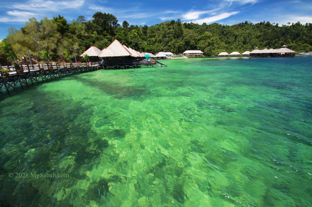 Water bungalows of Gayana Marine Resort on Gaya Island
