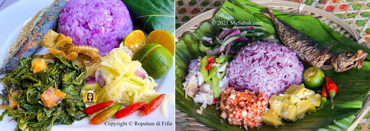 Left: Purple rice Linopot by Ropuhan di Fifie. Right: Linopot with traditional side dishes (Hinava, Tuhau, Bambangan, Losun)