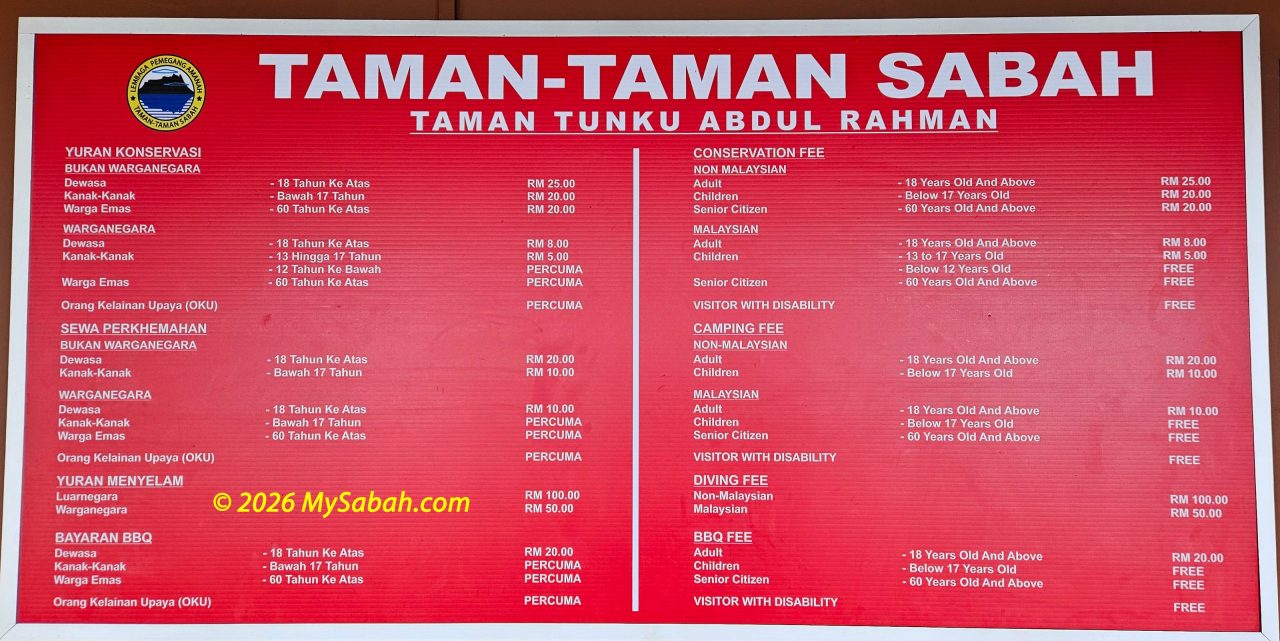 Entrance and activity fees for the island, with separate rates for Malaysians and international visitors. All prices are in RM (Ringgit Malaysia) and are current as of February 2026.