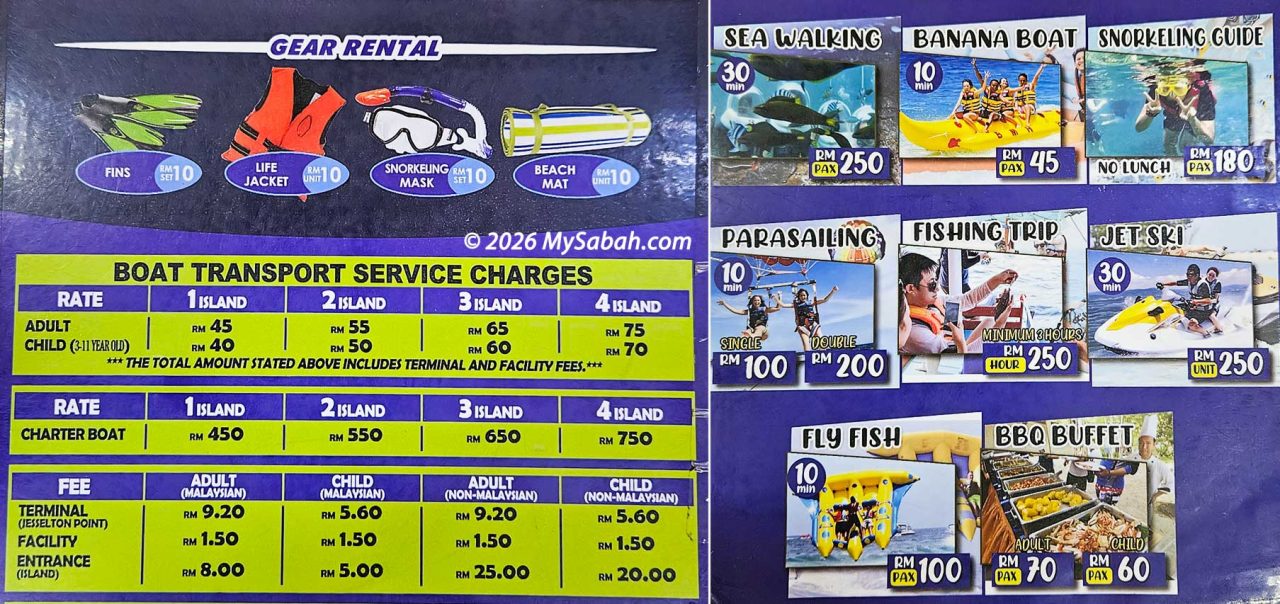 The price list for boat transfers, water sports, and gear rental from Jesselton Point (as of Feb 2026)