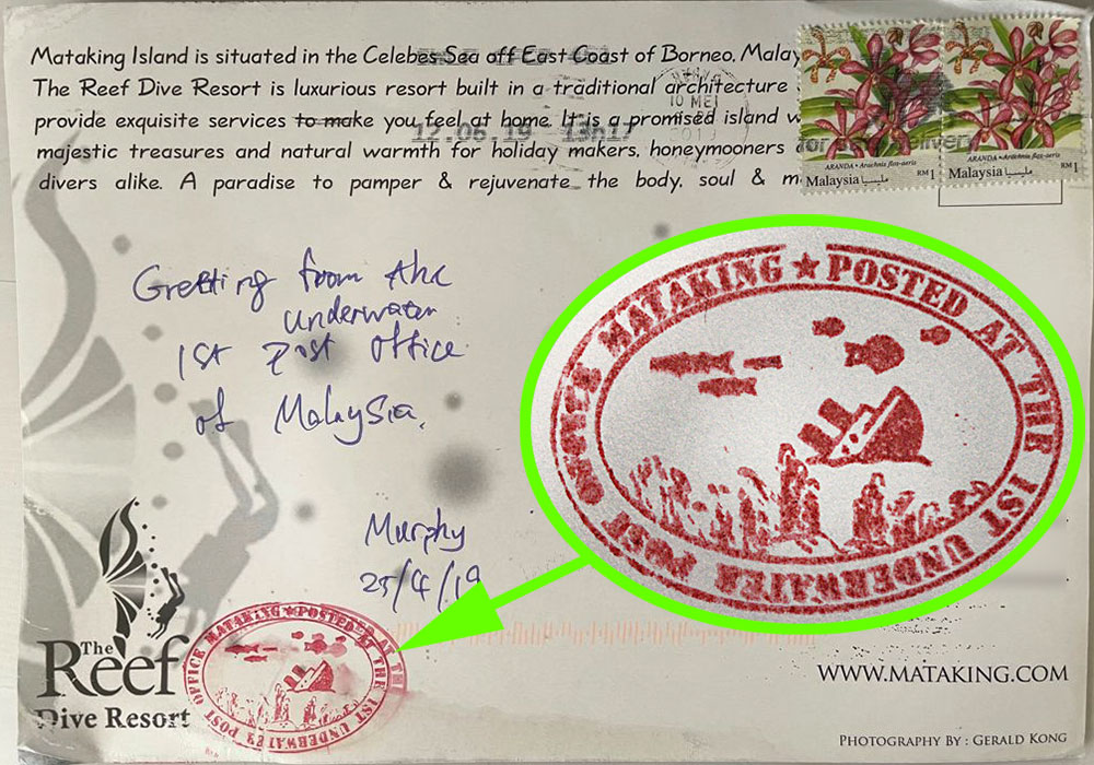 Postcard from underwater post box of Mataking Island