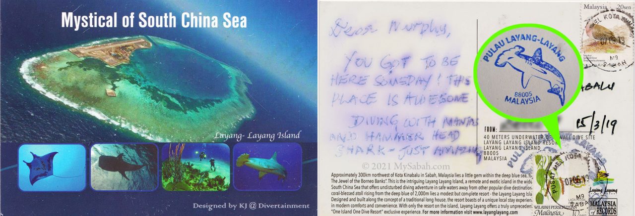 Front and back of waterproof postcard from Layang-Layang underwater post box