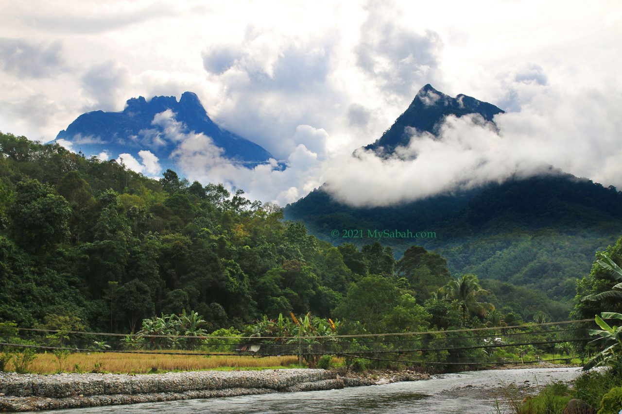 View of Mount Kinabalu (left) and Mount Nungkok (right) at Kampung Tambatuon village of Kota Belud