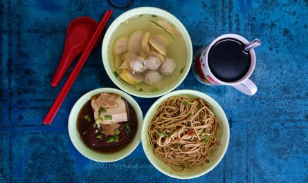 Spring rolls, meat balls, noodle and coffee of Tenom