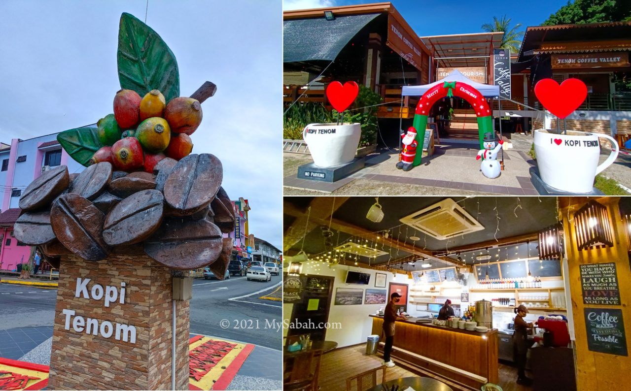 Left: Coffee bean statue in roundabout of Tenom town centre. Right: Tenom Coffee Valley cafe near the train station