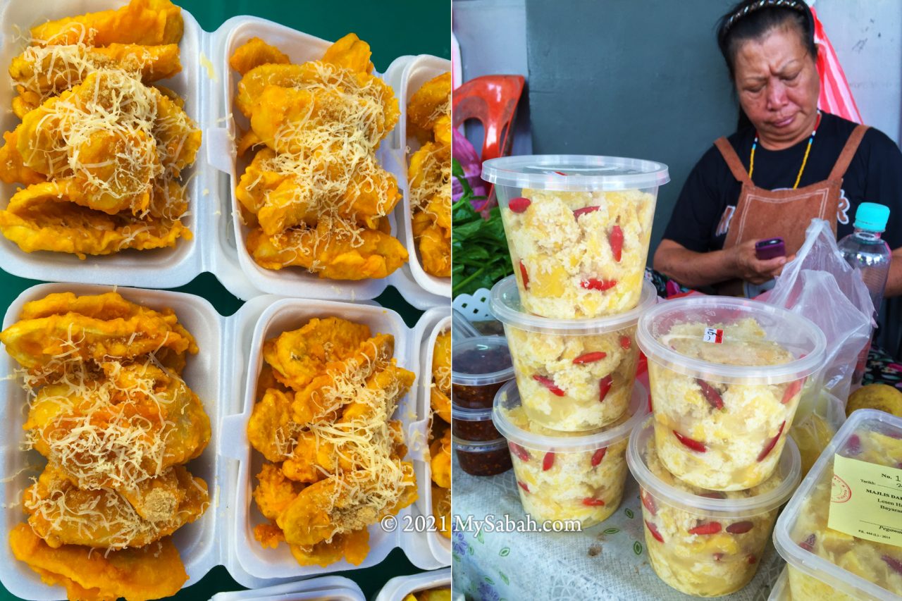 Some local food found in Tamu (open market) of Tenom town. Left: banana fritters with cheese (pisang goreng cheese). Right: Bambangan (pickled wild mango)