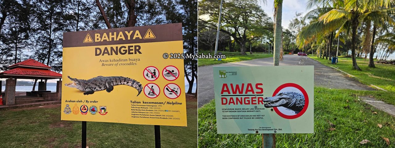 Warning signboards indicating crocodile presence at Likas Bay (left) and Tanjung Aru Beach (right).