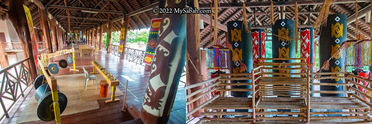 Left: Exhibition of common items found in Murut longhouse. Right: A dais used by the Murut Tagol community for wedding ceremony (Tinauh)