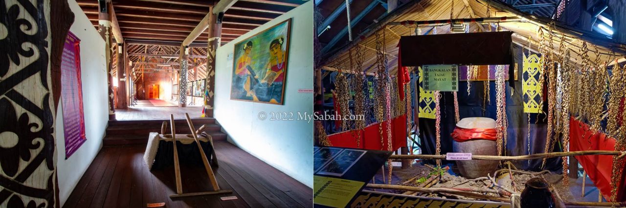 Left: there is an exhibition on Murut's history at the end of this hallway. Right: The hundred-year-old corpse jar in Murut Cultural Center