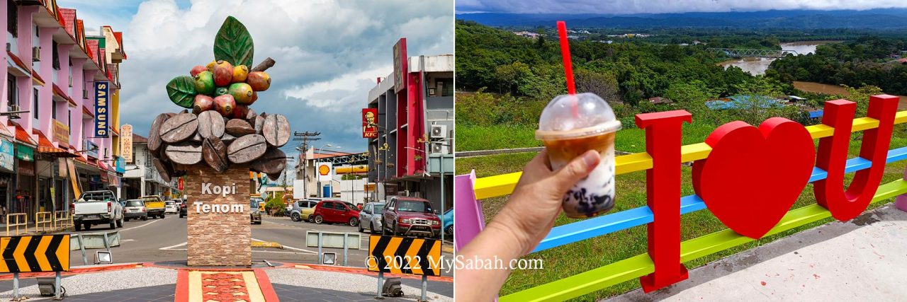 Left: the coffee bean sculpture roundabout in Tenom town centre. Right: enjoy my Ice Jelly Latte at Fatt Choi Coffee Cabin