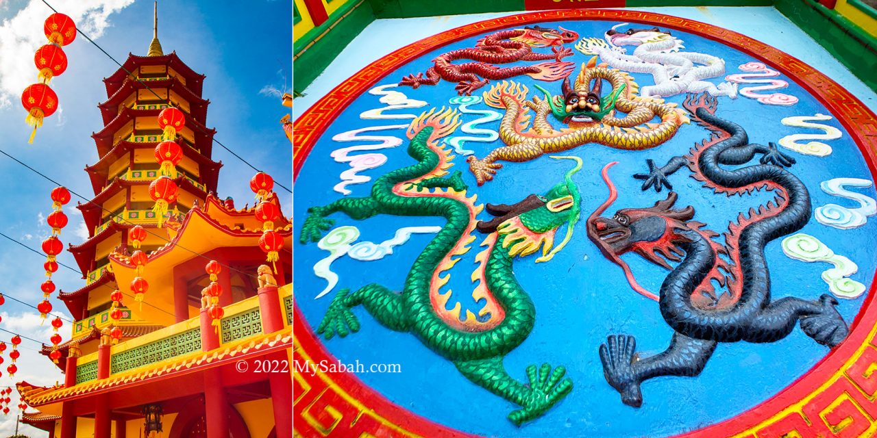 Left: the pagoda of Peak Nam Toong; Right: The relief sculpture of five dragons