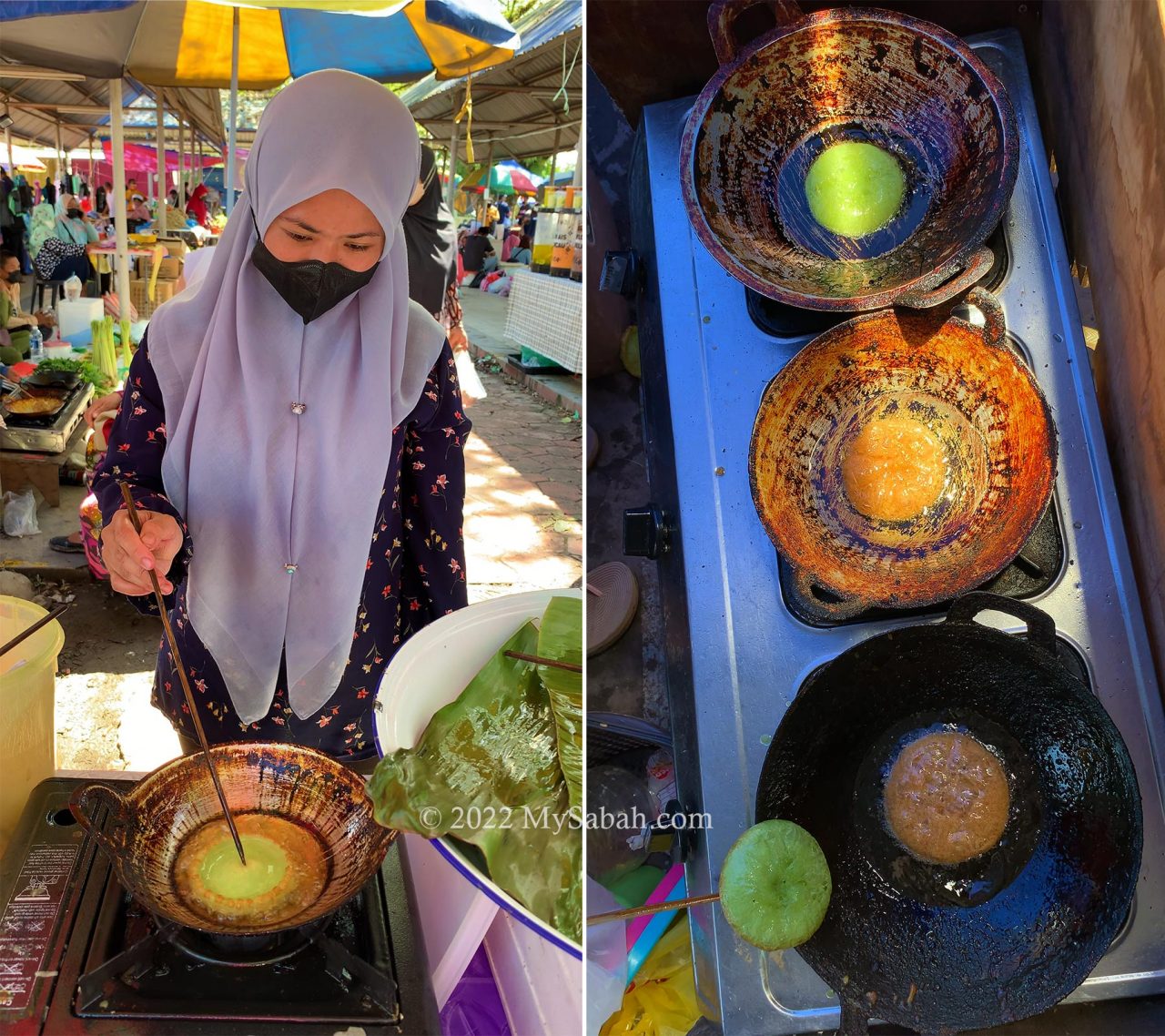 Seller cooks kuih pinjaram on the spot