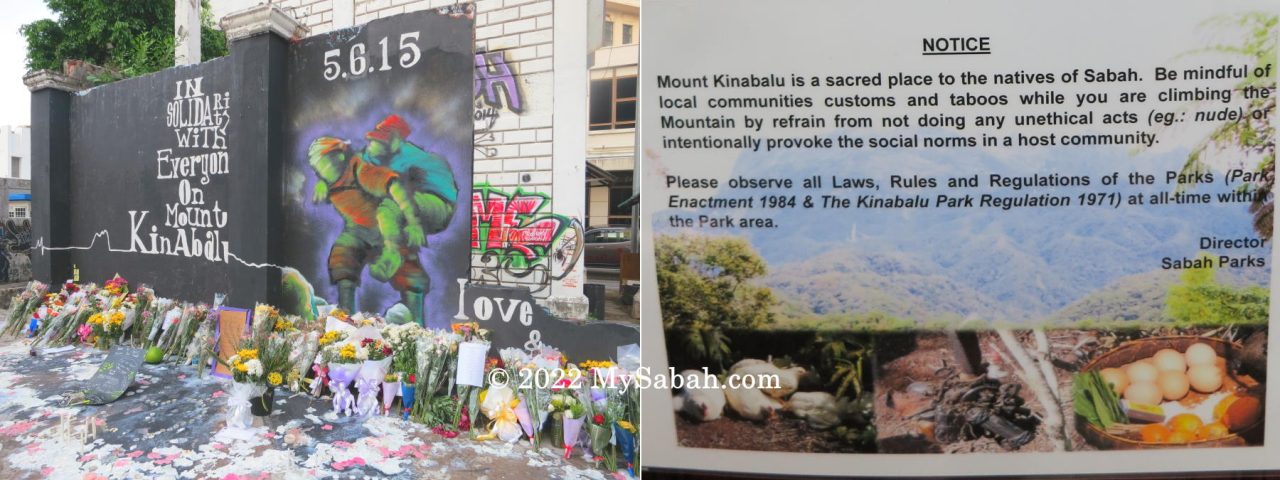 Left: memorial for 2015 Sabah Earthquake. Right: warning by Sabah Parks about tourist behaviours
