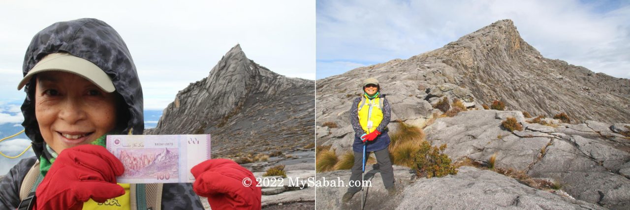 Left: South Peak and its picture in RM100 Malaysian money. Right: Low's Peak, the highest peak of Mount Kinabalu