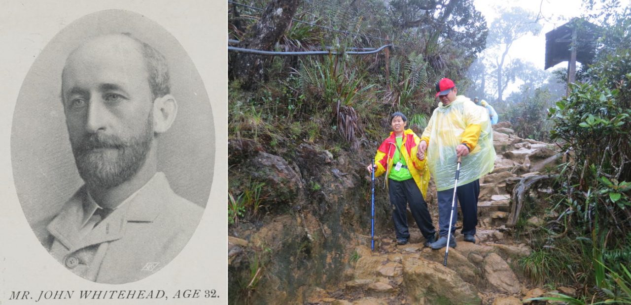 Left: John Whitehead, the first documented person who reached the highest peak of Mount Kinabalu. Right: blind people led by helper to climb Mount Kinabalu