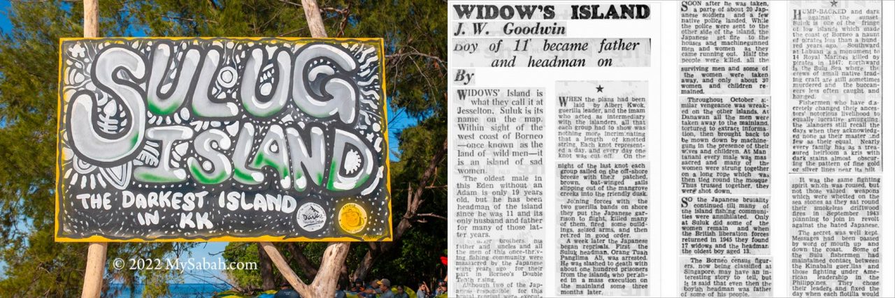 Left: Sulug Island, the darkest island in Kota Kinabalu. Right: a news in The Straits Times on 28 October 1951 called Sulug the Widow's Island