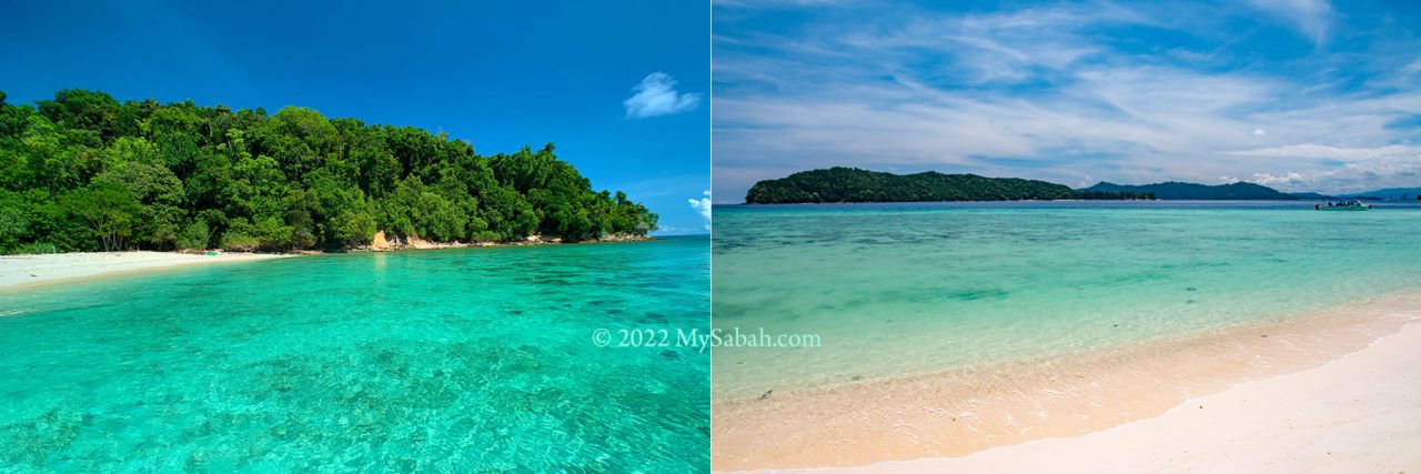Left: The crystal clear water and nice beach of Sulug Island. Right: you can see Manukan Island here