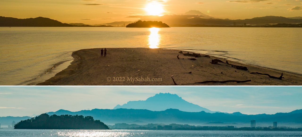 View of Mount Kinabalu, Mamutik Island, and sunrise view of Kota Kinabalu City from Sulug Island
