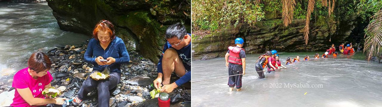 Left: enjoy Linopot packed lunch next to the river, Right: crossing the river to enter the canyon